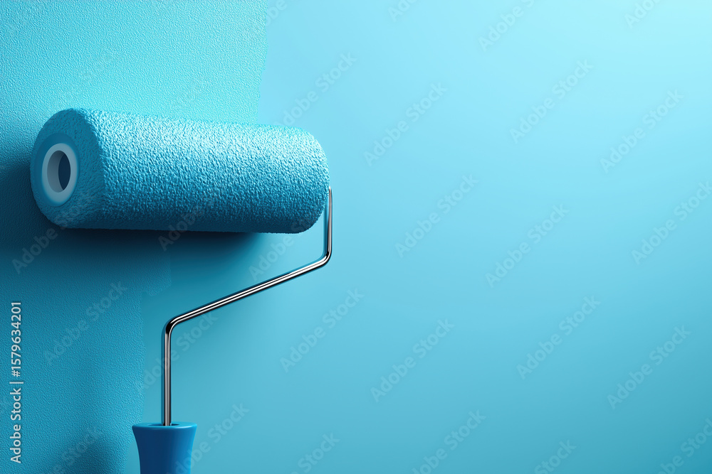 Obraz premium Painting a bright blue wall with a roller in a cozy interior setting