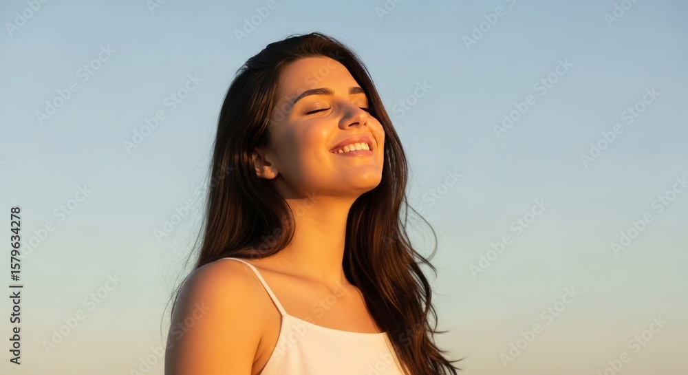 Radiant Woman in Soft Sunlight, Peaceful Expression Radiant Woman in Soft Sunlight, Peaceful Expression