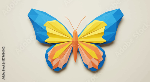 Geometric paper butterfly art installation with origami style wings and vibrant colors