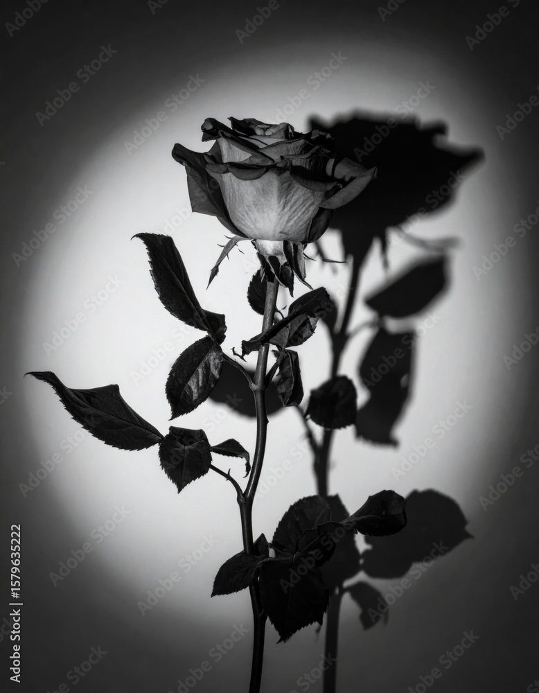 Obraz premium Dramatic Monochrome Rose Flower with Soft Spotlight and Detailed Shadow Casting