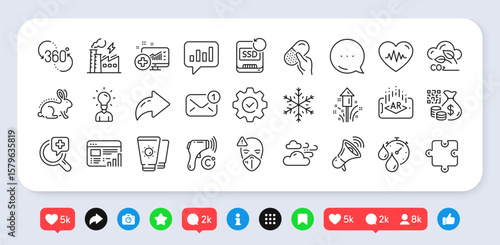 Windy weather, 360 degree and Heartbeat line icons pack. Social media: share, comment, like icons. Co2 gas, Snowflake, Timer web icon. Megaphone, Electronic thermometer, Puzzle pictogram. Vector