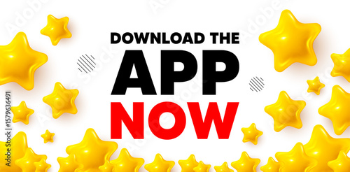 Download app winner banner with 3d stars. Golden stars banner. Download the app now. Web application sign. Get program software symbol. Review rate background. Vector