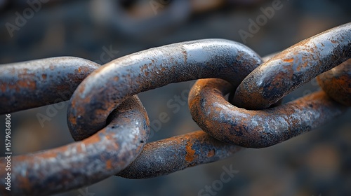 Macro view of a weathered metallic chain with prominent rust and wear, showcasing its age and sturdy construction against a blurred, complementary backdrop.