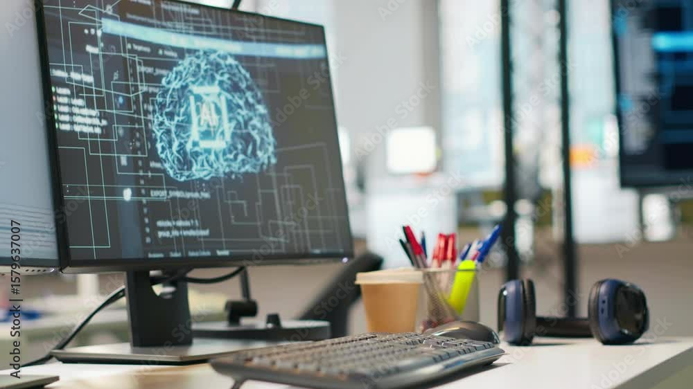 custom made wallpaper toronto digitalEmpty startup office with artificial intelligence neural networks program running on PC displays used by programmers. AI company workspace computers leveraging deep learning technology
