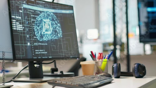 Wallpaper Mural Empty startup office with artificial intelligence neural networks program running on PC displays used by programmers. AI company workspace computers leveraging deep learning technology Torontodigital.ca