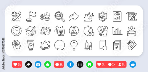 Report document, Agreement document and Sunscreen line icons pack. Social media: share, comment, like icons. Covid test, Attention, Diagram graph web icon. Vector
