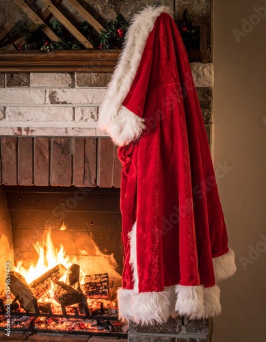Santa Claus Costume Hanging Near a Fireplace With Burning Fire at Christmas Time