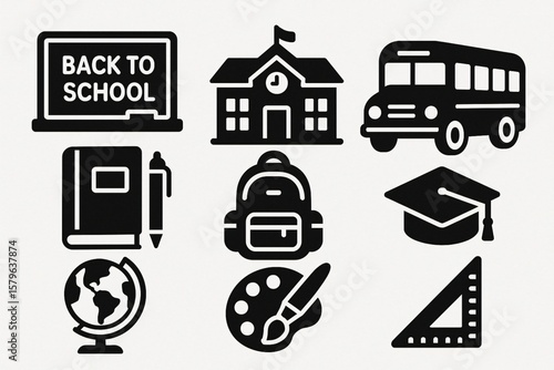 Back to school essentials icons representing education, learning and student supplies in black glyph style on a white background.