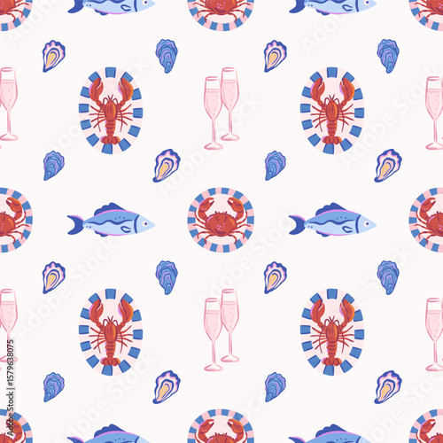 Seamless pattern of hand drawn lobster, crab, oysters, fish, striped plates, champagne glasses. Vector seafood and drink. Summer gourmet dining. Mediterranean design for textile, wallpaper, wrapping