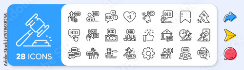 Auction line icons. Interest rate, AI generate, Inflation icons. Deal hammer, bid offer and law justice act set. Judge gawel, vote hand and bid price line icons. Vector