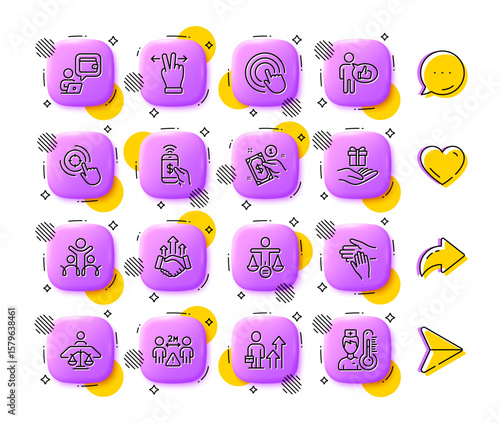 Seo target, Touchscreen gesture and Volunteer line icons. App 3d buttons. Social media comment, share, like icons. Pack of Loyalty program, Like, Phone payment icon. Vector