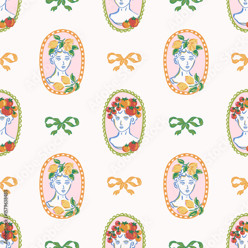 Seamless pattern of classical busts decorated with lemons and tomatoes in oval frames and ribbon bows. Hand drawn vector illustration. Mediterranean and antique design for textile, wallpaper, wrapping
