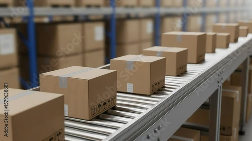 Cardboard Boxes Moving on an Automated Conveyor Belt in a Modern Warehouse