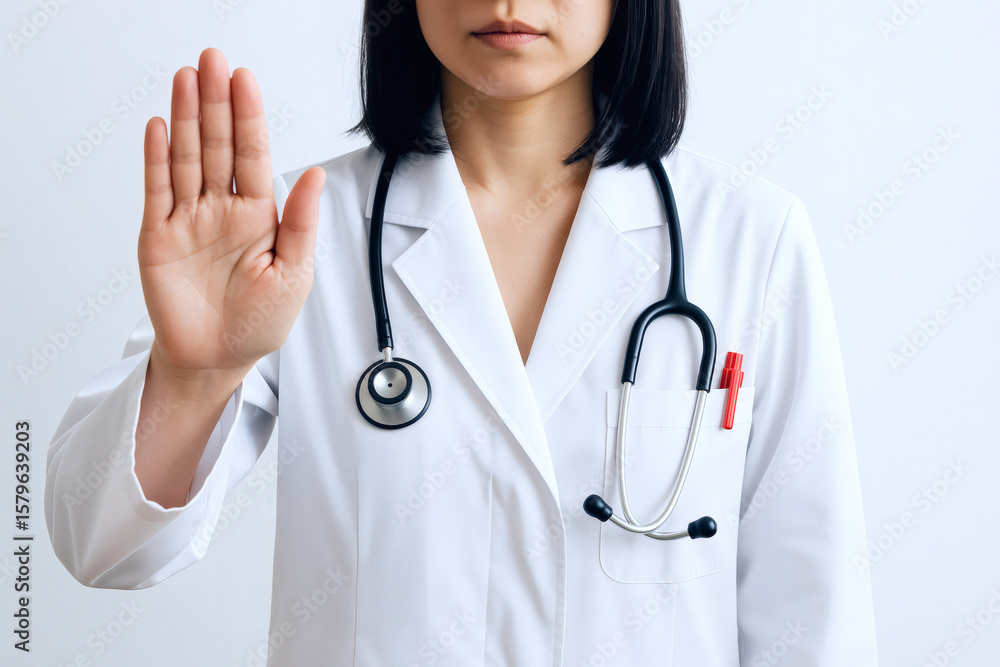 手のひらを上げて制止する女性医師 手のひらを上げて制止する女性医師