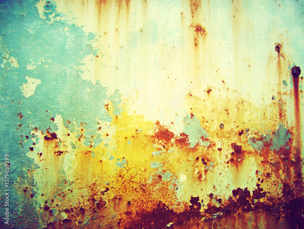 Obraz premium 錆びとペンキの剥がれが目立つ古い金属壁の質感背景
