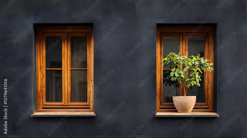 Fototapeta premium Warm wooden-framed double windows on a modern black stucco wall with a potted green plant adding natural charm