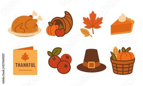 Thanksgiving icons featuring turkey cornucopia pumpkin pie cranberries leaves basket hat thankful card