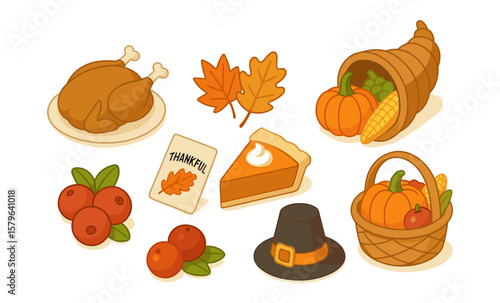 Thanksgiving day celebration with turkey, cornucopia, and autumn symbols