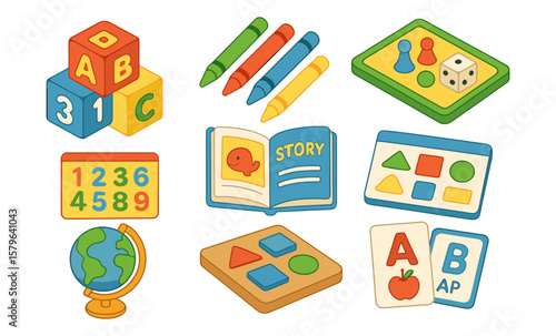 Colorful educational toys and games: blocks, crayons, puzzles, books, globe for early learning