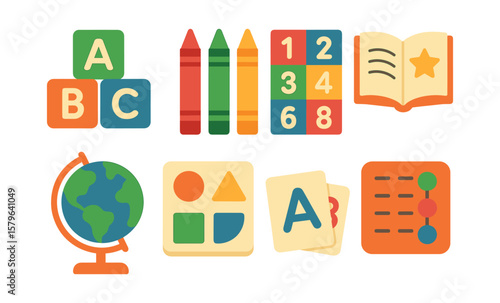 Colorful educational icons: abc blocks, crayons, numbers, book, globe, shapes, letters