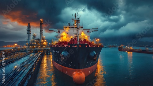 A large oil tanker ship is docked at a refinery at night, its lights reflecting on the calm sea beneath a dramatic and cloudy sky du twilight hours.