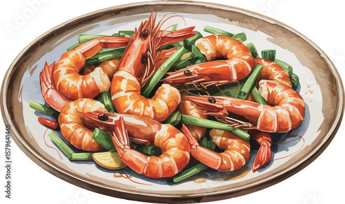 A watercolor illustration of stir-fried shrimps with garlic, scallions, and red chilies, served on a ceramic plate