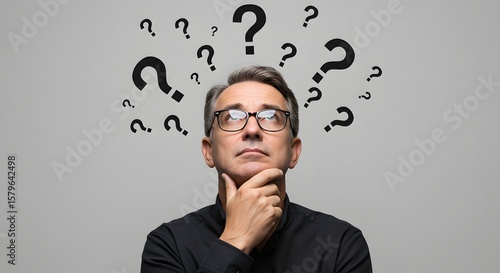 Middle-aged man contemplates with question marks surrounding his head, pondering.