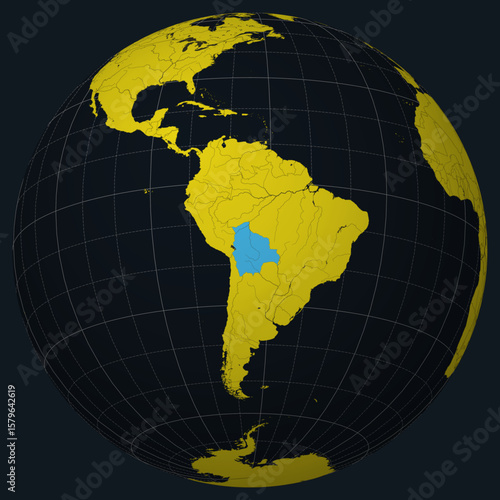 Bolivia on Globe. Country view on the world map in Charcoal Bright Yellow color palette. Bolivia shape on map. Globe with meridians, parallels, countries, rivers and lakes.