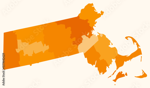 Map of Massachusetts with counties. Just a simple state border map with county division. Orange color palette. Plain Commonwealth of Massachusetts shape with administrative division.