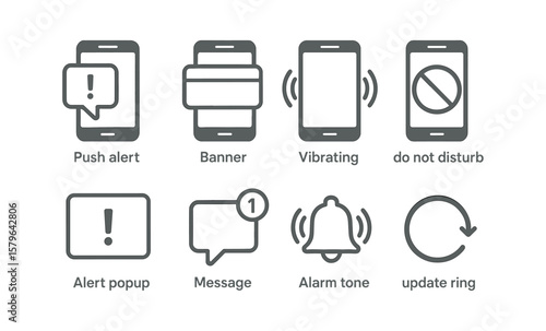 Smartphone notification icons including alert, banner, vibrating, and do not disturb modes