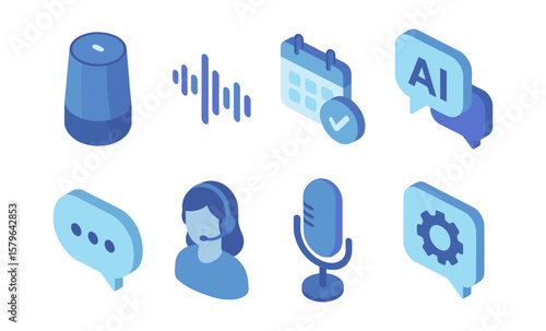Isometric technology icons depicting voice assistants and ai tools