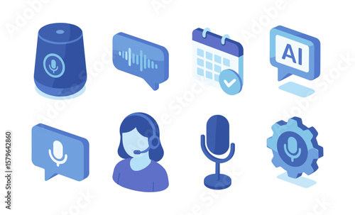 Isometric icons of voice technology and ai communication tools
