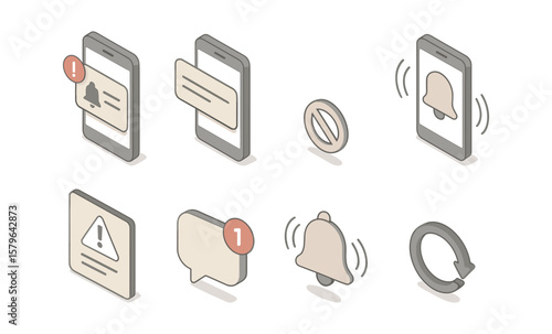 Isometric smartphone notification icons with alerts and updates