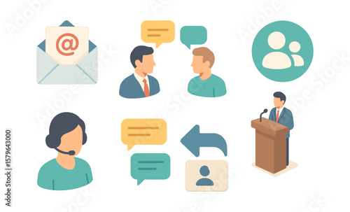 Flat design communication icons: chat, email, customer support, address book, speech