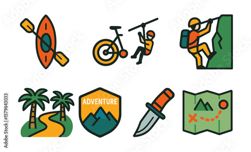 Outdoor adventure icons: kayaking, biking, climbing, jungle trails, survival gear, trekking maps