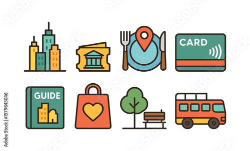 City tourism icons: buildings, landmarks, dining, guide, transport, shopping, relaxation