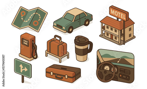 Retro travel icons: car, luggage, gas pump, map, motel and coffee cup