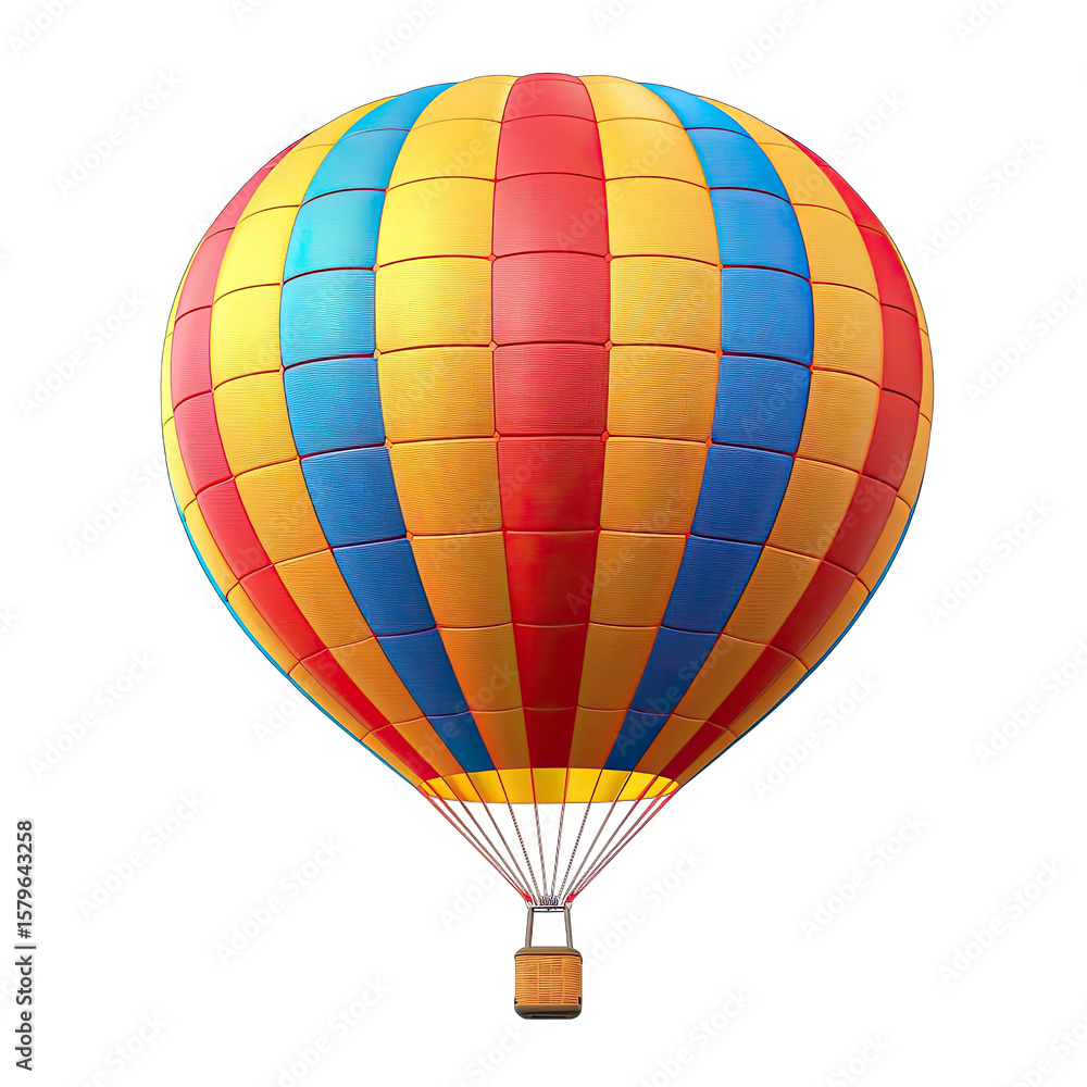Fototapeta premium Colorful hot air balloon, vibrant hues of red, yellow, and blue, striped design, classic shape, isolated on black background