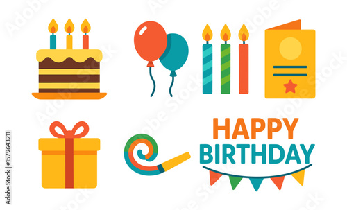 Colorful birthday icons with cake, balloons, candles, gift, card, and banner