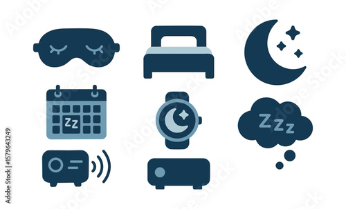 Sleep icons collection: bed, eye mask, moon, calendar, clock, projector, thought bubble