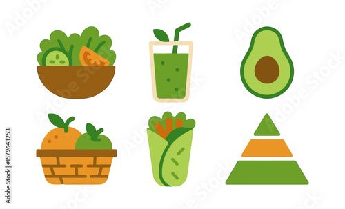 Healthy food icons: salad, smoothie, avocado, grains, fruits, wrap, vegetables, nutrition facts