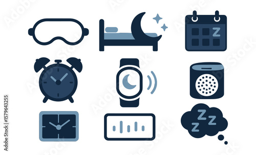 Sleep routine icons: bed, clock, alarm, calendar, watch, eye mask, dream symbols
