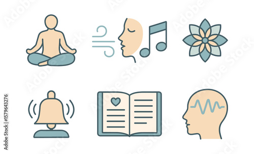 Mindfulness icons: meditation, breathing, music, wellness, mind
