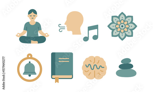 Meditation elements: calm, breathing, music, mandala, bell, book, brain, stones