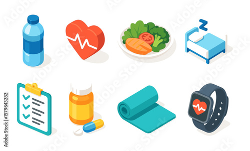 Health and fitness icons: water bottle, heart, vegetables, bed, checklist, medication, yoga mat, smartwatch