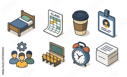 Student life icons: bed, class schedule, coffee, id, group, classroom, clock, papers