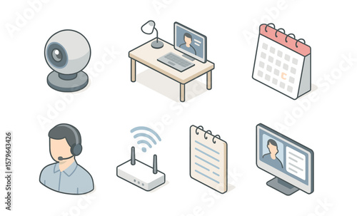 Online learning tools: webcam, desk, planner, remote teacher, wi-fi router, online exam