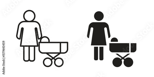 Woman with Baby Stroller icon vector modern flat and stroke designs