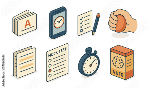 Study tools and relaxation aids: books, mobile, stopwatch, brain food, stress relief