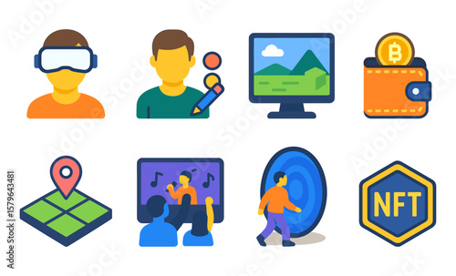 Technology icons: vr, gaming, cryptocurrency, navigation, nft, augmented reality
